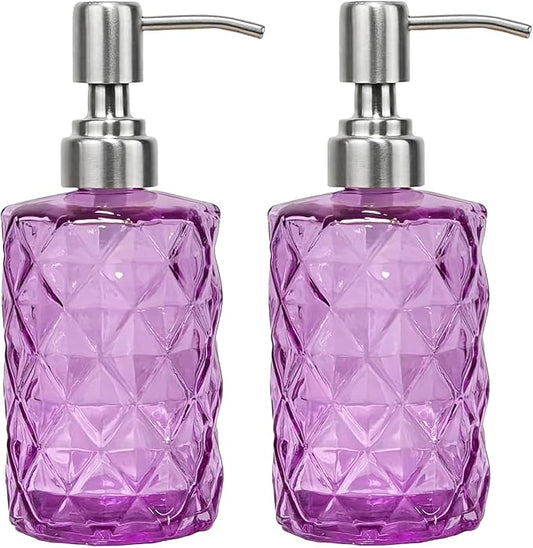 12Oz Purple Soap Dispenser Bathroom - 2 Pack, Clear Glass Hand Soap Dispensers with Stainless Steel Pump, Refillable Dish Soap Dispenser for Kitchen, Countertop Soap Dispensers