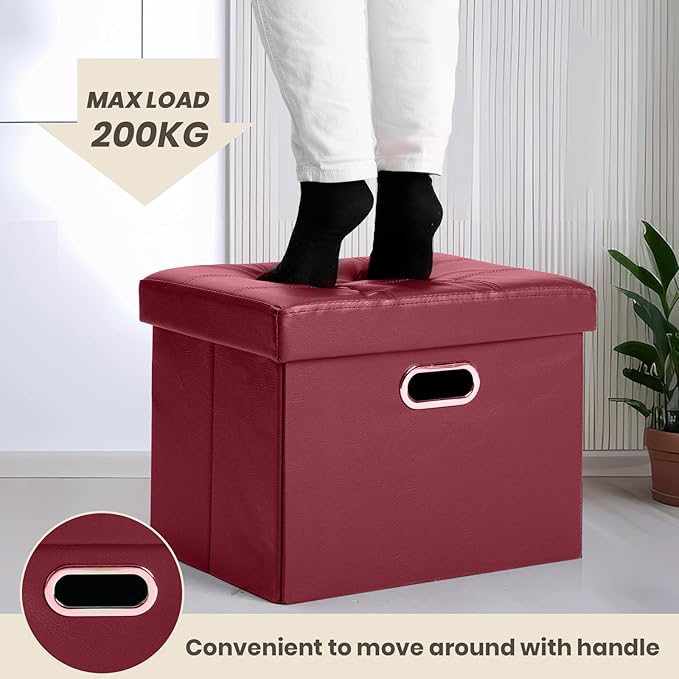 COSYLAND Storage Ottoman Foot Rest - 17x13x13in Leather Ottoman Rectangle Foot Stool Folding for Room Dorm Small Collapsible Bench Seat Organizer Entryway Furniture with Handles Lid Burgundy