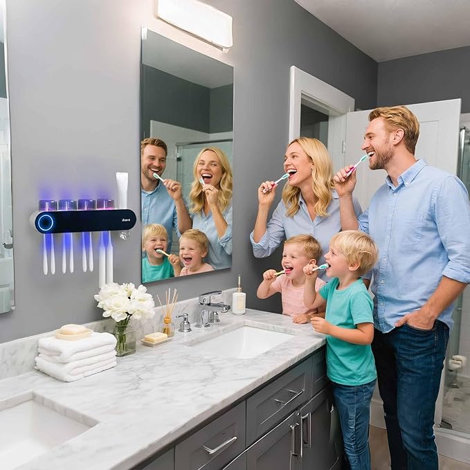 iHave Toothbrush Holders for Bathrooms, UV Toothbrush Sanitizer and Holder Smart Home Bathroom Accessories, 4 Cups Electric Toothbrush Holder Wall Mounted with Toothpaste Dispenser Bathroom Decor