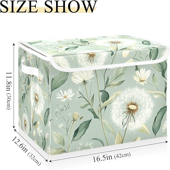 Collapsible Storage Bins with Lids Decorative Fabric Storage Cubes Closet Organizer Basket Boxes Containers for Clothes Box Chest Folding Rectangle Spring Sage Green Dandelions Daisy Flower