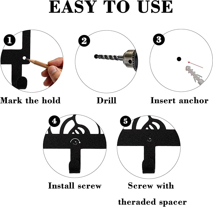 Black Metal Flower Wall Mount Rack with 7 Hooks, Decorative Wall Hanger for Coats, Jackets, Hats, Bags, Keys, Metal Wall Organizer for Bedroom, Bathroom, Kitchen, Living Room, Office, Home
