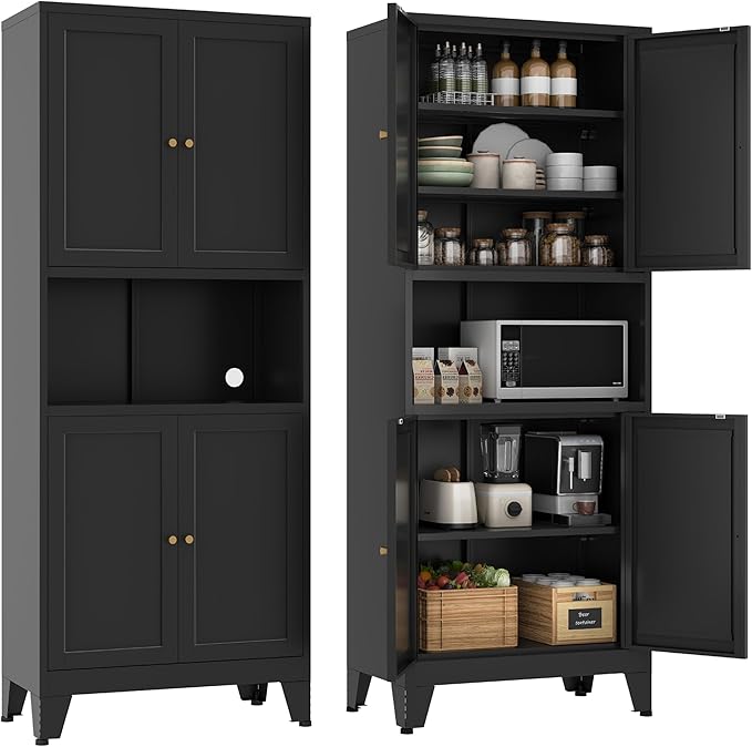 69" Tall Metal Pantry Cabinet with Microwave Shelf,Microwave Storage Cabinet with 4 Doors & 3 Adjustable Shelves,Metal Cabinet with Storage for Kitchen Dining Room Living Room(1PC,Black)