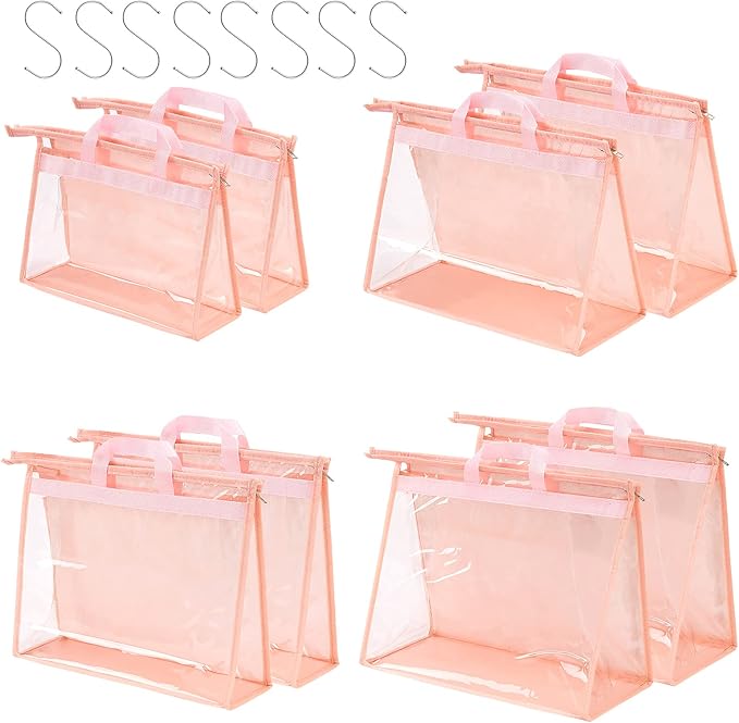 CINPIUK Handbag Dust Bags Clear Purse Storage Organizer for Closet Small to Extra Large Handbags Dust Free Bags Hanging Zipper Storage Bag with Hooks, (Pink, 4 Sizes-8PCS)