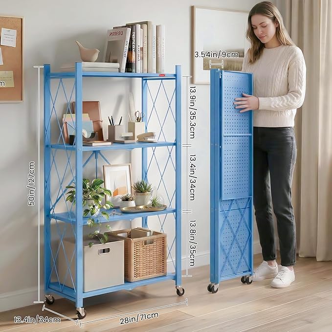 DEANIC 4 Tier Foldable Storage Shelves with Wheels, Large Capacity Shelving Unit, Freestanding Metal Wire Shelf Rack, No Assembly Organizer Rack for Garage Kitchen, Basement, Pantry(Blue Pack of 2)