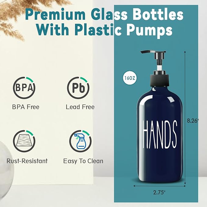 Glass Soap Dispenser Set 2 Pack,16 Oz Dish Soap Dispenser for Kitchen Sink,Blue Kitchen Accessories and Kitchen Decor,Blue Decorations and Kitchen Utensils for Kitchen