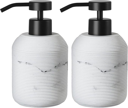 Marble Hand Soap Dispenser for Bathroom, 12 Fl Oz Soap and Lotion Dispenser Set, 2 Pack White Resin Dish Soap Dispensers for Kitchen, Refillable Liquid Bottle Container with Plastic Pump
