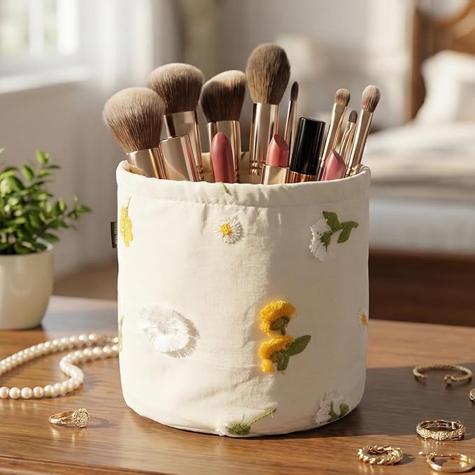 HAUSFRAU Storage Baskets Bins Makeup Organizer, Decorative Round Keys Basket for Desk, Shelves, Tabletop, Gift for mom, wife, girlfriend, 6" Embroidered Jacquard Box Dandelion
