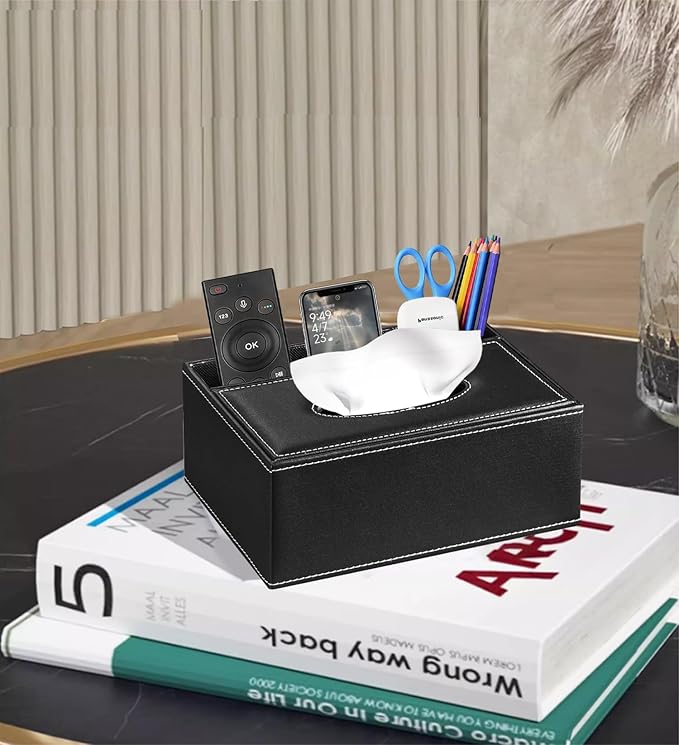 Leather Tissue Box Cover Rectangle,Compatible with Kleenex Box Covers,Facial Tissue Box Holder with Remote Control Holder,Decorative Nighstand Organizer,Tissue Dispenser for Bathroom Black