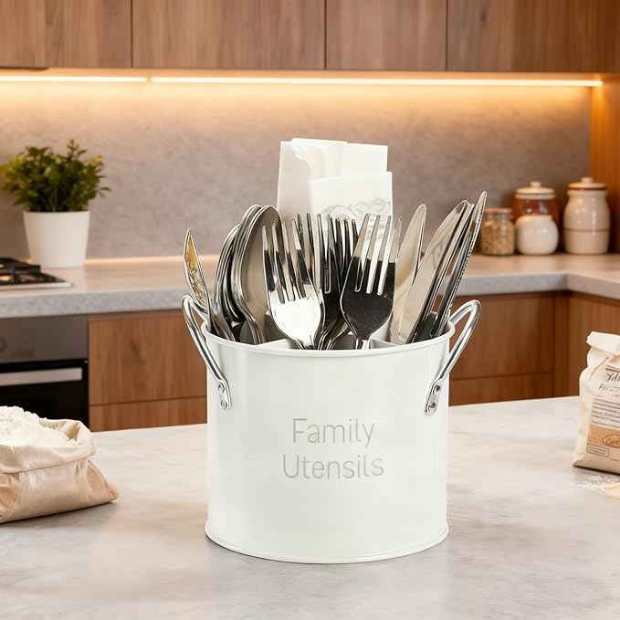 Vintage Utensil Holder, 4 Compartment Metal Silverware Caddy with Removable Divider, Rotating Spatula Crock for Countertop, White Cooking Utensil Organizer for Spoons Knives Forks