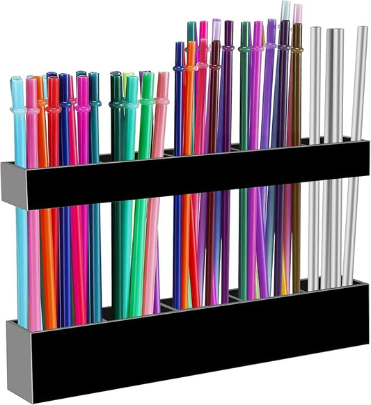 9.5â Large Acrylic Straw Holder for Cabinet Door - Reusable Tumbler Straw Organizer Storage, Small Kitchen Accessories Container, Ultra Sticky Cupboard Door Mounted (Black)