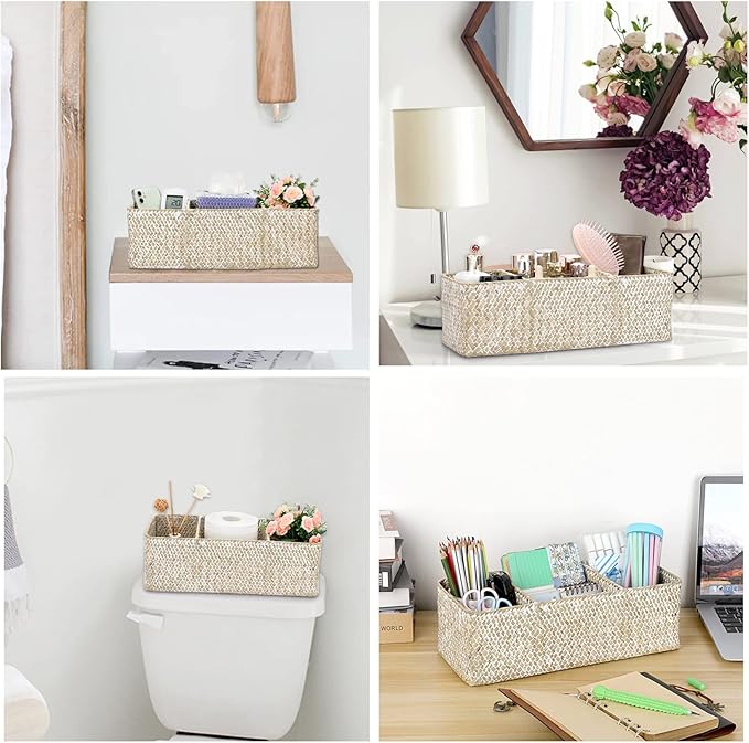 Hipiwe Seagrass Storage Basket Bin- 3 Sections Hand-Woven Toilet Basket Wicker Shelf Basket Bathroom Organizer Bins for Shelves, Kitchen, Pantry, Closets, Toilet Paper Tissue Organizer