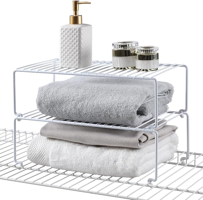 4-piece Kitchen Cabinet Storage Rack - Large Stackable Wire Rack for Pantry, Spice Organization and Desk Use, White (15.7 inches x 8.5 inches)