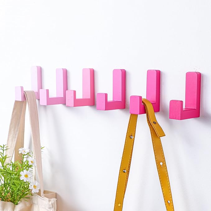 6 Pack Cute Kids Coat Wall Hooks Wooden Adhesive Decorative Colorful Wall Mounted Hangers Backpack Hooks for Hanging Keys Towel Clothes Bathroom Organization(Pink Mixed Color)