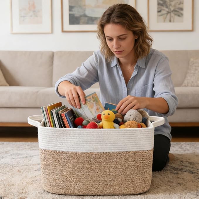 Magazine & Newspaper Baskets,Large Woven Rope Blanket Basket,24"x16"x15"Storage Bin with Handle,Toys Storage,Laundry Basket for Home Organization/Living Room/Nursery/Bedroom,White&Brown