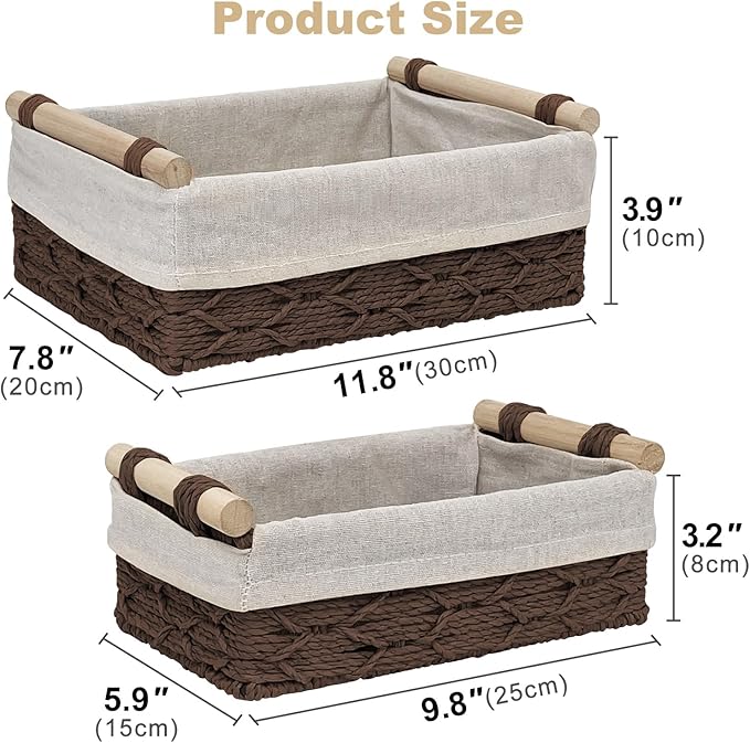 Wicker Storage Baskets with Wooden Handle, Decorative Paper Rope Organizer Bins for Home, Bathroom, or Countertop, Small Baskets Set of 2 (Dark-Brown)
