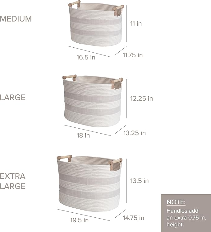 RGI Home Storage Baskets for Organizing, Textured Linen and Fabric Rope, Set of 3 Oval Decorative Woven Bins, Multi-Sized with Easy-Carry Premium Wooden Handles, Cream with Ivory Trim