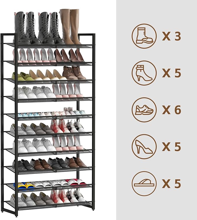 Shoe Rack, 10-Tier Metal Shoe Organizer, Tall Shoe Rack for Closet,entryway,Garage, with Adjustable Flat or Angled Shelves, 42-50 Pairs,Shoes That can accommodate The Whole Family.