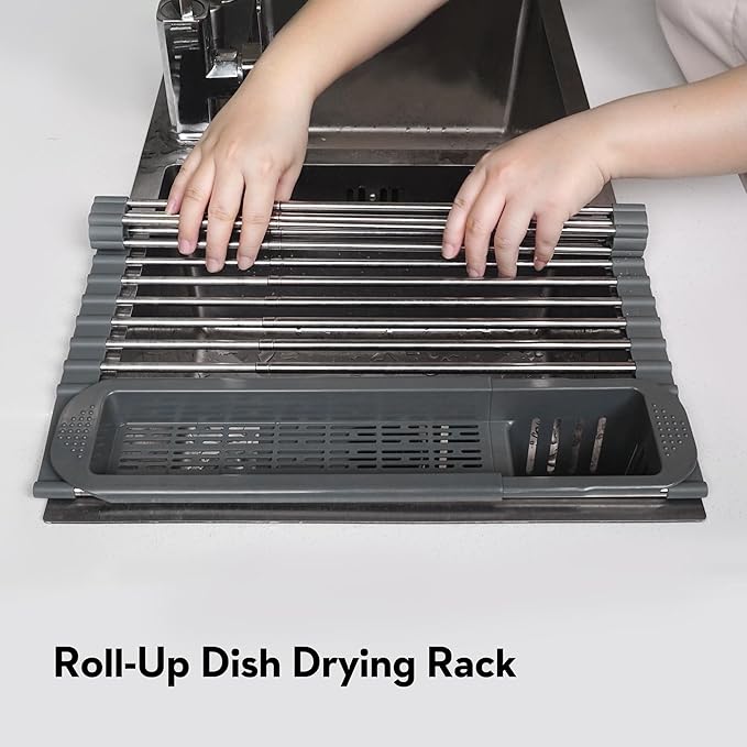 Roll Up Dish Drying Rack Over The Sink, 304 Stainless Stee Dish Drainer, Foldable & Adjustable Sink Drying Rack for Kitchen Sink Counter with Utensil Holder (Black, Roll Up,Small,Expandable)