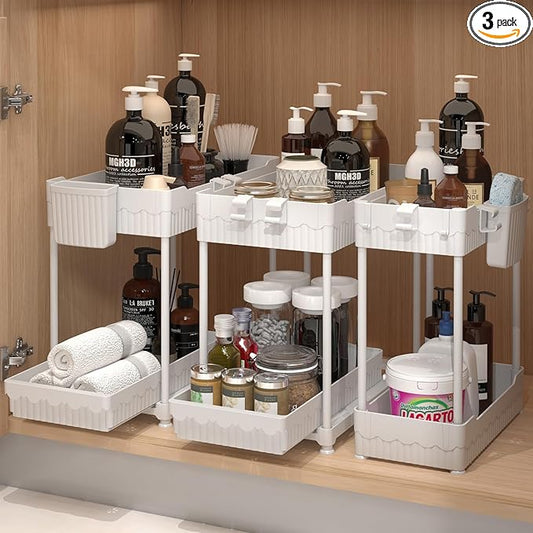 3 Pack Under Sink Organizers, 2-Tier Multi-Use Kitchen and Bathroom Organizers and Storage with Sliding Drawers, Bathroom Cabinet Organizer (White, 14.8 Inch)