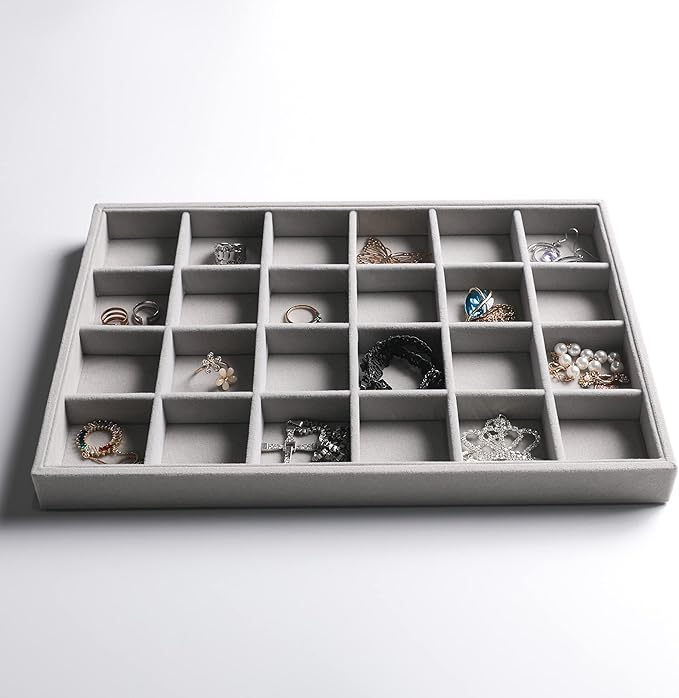 Frebeauty Stackable Velvet Jewelry Organizer Trays for Drawers Inserts Jewelry Storage Tray Display Case, Stud Earrings Bracelets Necklace Rings Trays for Women Girls(Set of 2)(Grey)