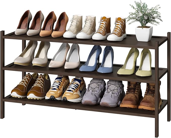 3-Tier Long Shoe Rack, Bamboo Wood Shoe Rack for Entryway, Stackable | Foldable | Natural, Shoe Organizer for Hallway Closet, Free Standing Shoe Racks for Indoor Outdoor
