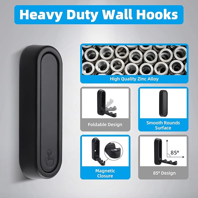 Folding Wall Hooks, 4pcs Foldable Coat Hooks, Heavy Duty Folding Hook for Hanging Coats Towel Hat Backpack, Black