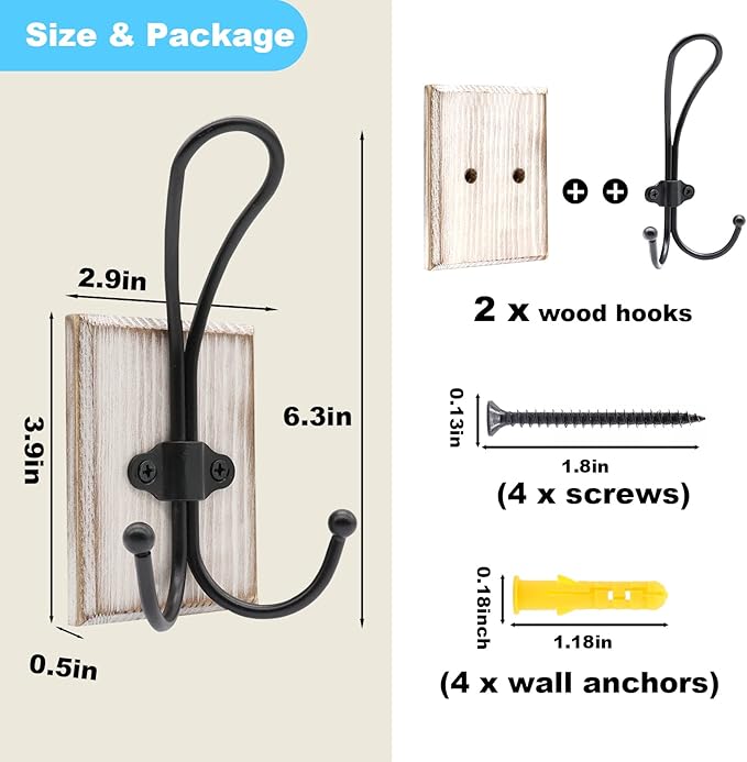 Wall Hooks for Hanging Heavy Duty, 2 Pack Farmhouse Double Towel Hooks for Bathrooms Wall Mounted, Rustic Decorative Wood Coat Hooks Hanging Keys Robe Hat for Kitchen, Entryway (Weathered White)