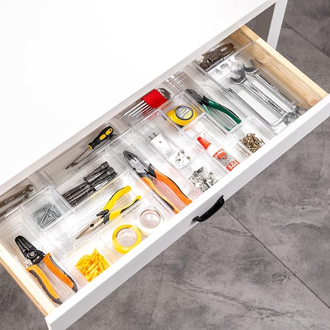 DCA 25 PCS Clear Plastic Drawer Organizer Tray, Bathroom Organizers and Storage Bins for Makeup, Kitchen Utensils, Jewelries, Gadgets, Office Desk