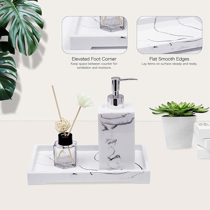 White Marble Pattern Vanity Tray, Resin Bathroom Tray for Counter, Toilet Tank Storage, Dresser Jewelry Organizer, Makeup Tray for Bathroom Bedroom, 10.5Ã5.9Ã1.1 Inches