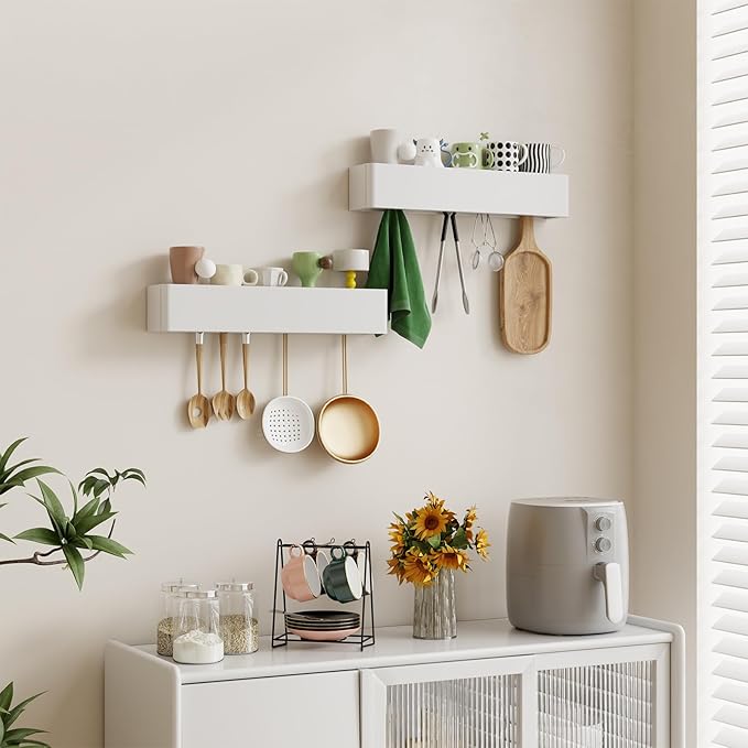 Solid Wood Wall Mounted Coat Rack with Shelf Hooks - Modern Floating Shelves with 5 Hidden Hooks, Heavy Duty Entryway Coat Key Holder Hanger for Hallway Bathroom Bedroom Home Decor