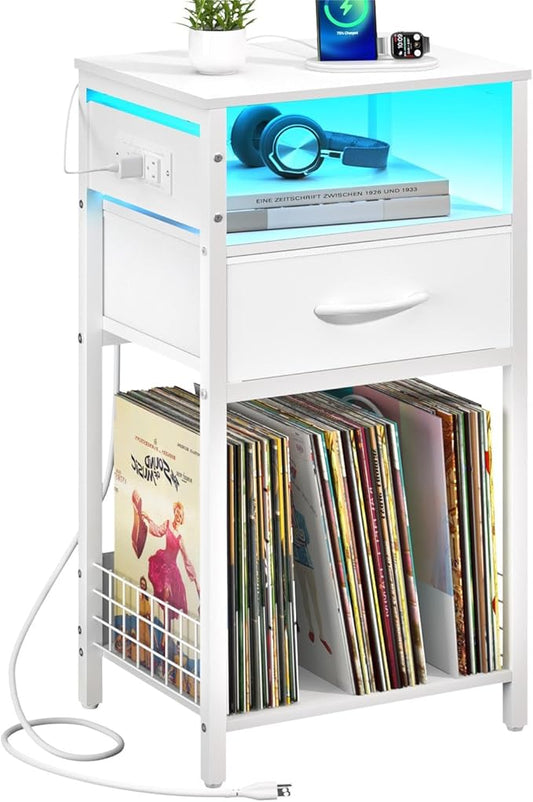 Yoobure Record Player Stand with Storage - End Table with Charging Station & LED Lights, Vinyl Record Storage Holds Up to 100 Albums, Nightstand with Drawer for Living Room Bedroom, White