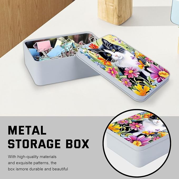 Metal Tin Box with Lid,Multi-functional Storage Large Box Can Store Tea Biscuits Game Cards, Playing & Tarot Cards-Comes with 4 Magnetic Cord Clips,Tuxedo Cat in Flowers