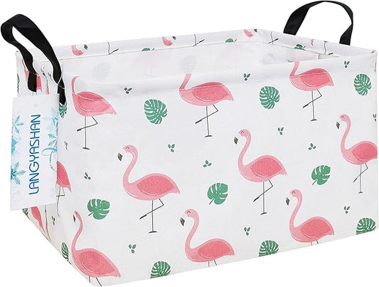 LANGYASHAN Rectangular Storage Bin Collapse Canvas Fabric Cartoon Storage Basket with Handles for Organizing Home Kitchen Boys and Girls Toys Office Closet Shelf Baskets(Rec Leaf Flamingo)