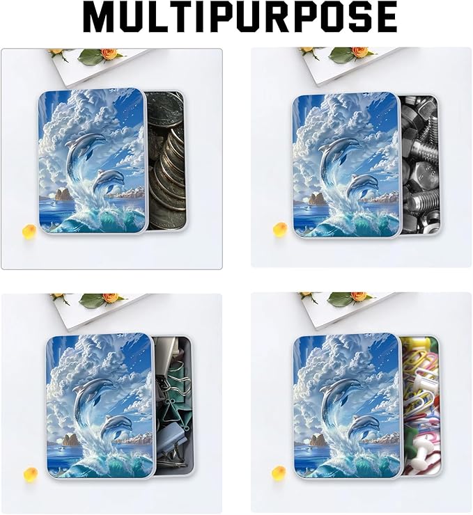 Metal Tin Box with Lid,Multi-functional Storage Box Can Store Tea Biscuits Game Cards, Playing & Tarot Cards-Comes with 4 Magnetic Cord Clips,Cute Dolphins