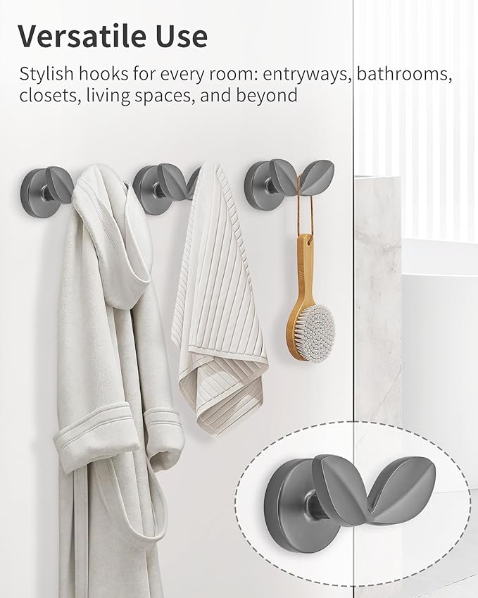 Decorative Coat Hooks Wall Mount, Unique Wall Decor Hooks for Hanging Towel Key Purse Hat Robe Clothes Cute Dual Leaves Hanger Hook for Bathroom Shower Closet Entryway Dark Gray 4 Pack