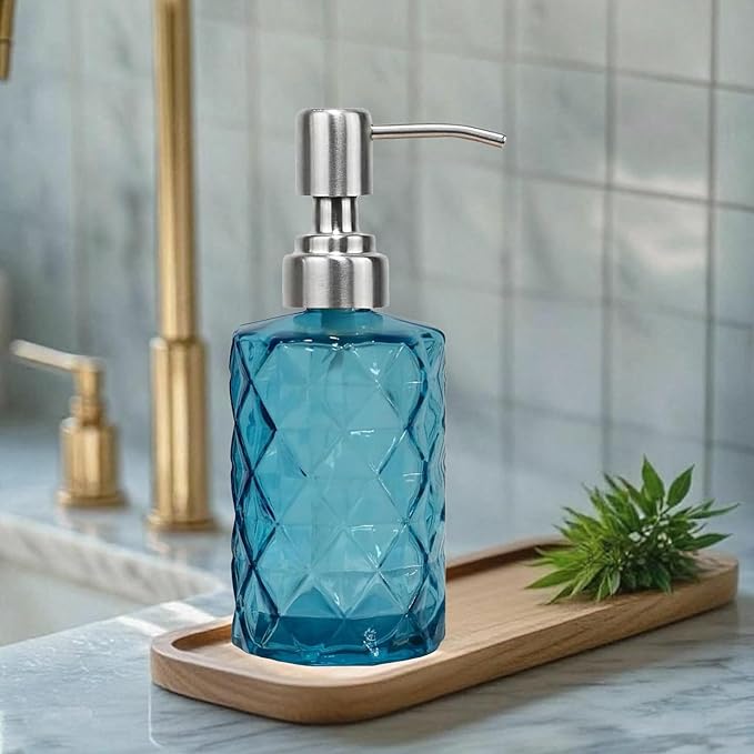 12Oz Blue Glass Soap Dispenser with Stainless Steel Pump, Refillable Kitchen Liquid Hand Soap Dispenser with Diamond Design, for Dispense Hand soap, Dish Soap, Lotion, Bathroom, Countertop, Hotel