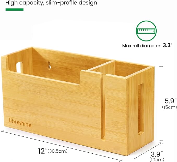Bamboo Trash Bag Dispenser & Holder 1.2–4 Gallon, No-Drill Adhesive Wall Mount & Cabinet Door, Fits Up to 3.3” Diameter Rolls, Mini Garbage Bag Organizer for Kitchen Under Sink
