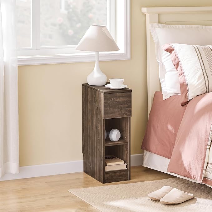 SoBuy Narrow Nightstand Slim Bedside Table with Drawer and Open Shelf, Skinny Modern Nightstand for Bedroom, Compact Side Table for Tight Corners and Small Spaces, Brown FBT111-SN