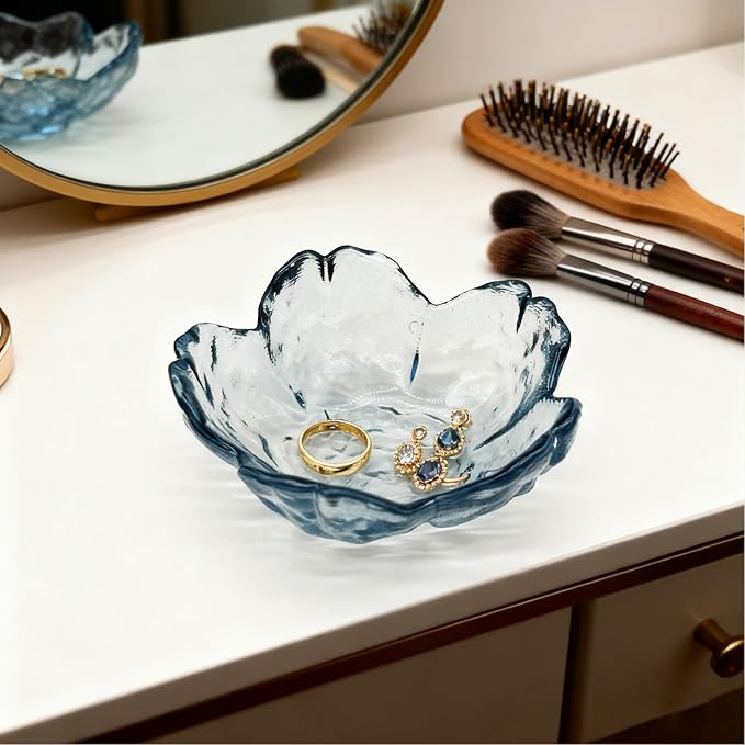 Flower Ring Dish Jewelry Tray, Glass Jewelry Dish Tray, Aesthetic Room Decor Small Trinket Dish, Nightstand Jewlery Ring Holder Dish, Bathroom Jewelry Plate Bowl for Rings Earrings Wife Gift (Blue)