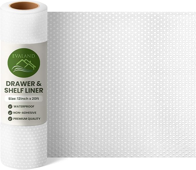 EVALAND Shelf Liners for Kitchen Cabinets Non-Adhesive 12" x 20 FT Clear Drawer Liner Non Slip, Washable Cabinet Liner, Waterproof Shelf Liners for Cabinets, Refrigerator Bathroom Pantry - Thickened