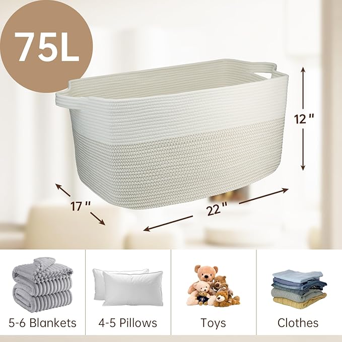 75L Large Cotton Rope Basket 22" x 17" x 12",Large Blanket Basket with Handle,woven baskets for storage,Storage Basket for Organizing,Blanket Basket living Room