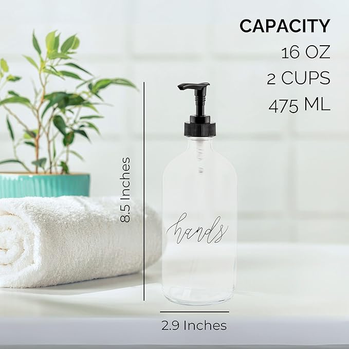 Cornucopia Brands 16oz Hands Dishes Pump Bottles (Clear, Set of 2); Pump Dispensers for Kitchen and Home