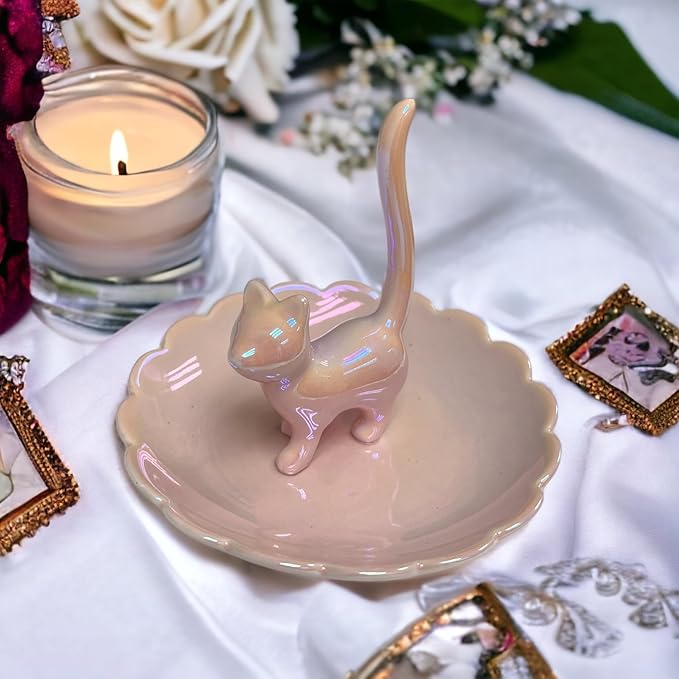 ROSA&ROSE Cat Ring Holder Trinket Tray Ceramic Jewelry Dish Decorative Ring Holder/Trinket Tray Engagement Wedding Birthday Gifts for Women Her(Pink)