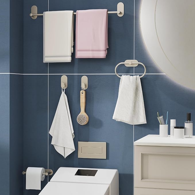 Adhesive Towel Hooks for Bathrooms 4 Pack Brushed Nickel Stainless Steel and Zinc Alloy Sticky Wall Hooks for Hanging Heavy Duty Self Adhesive Robe Shower Hanger for Kitchen, Closet, Cabinet, Door