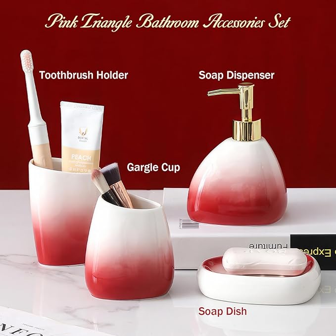 Bathroom Accessory Set, 4 Pcs White & Red Gradient Ceramic Bathroom Cabinet with Soap Dispenser Soap Dish Gargle Cup Toothbrush Holder, Fashion Bathroom Decor for Home Apartment Hotel (Red)