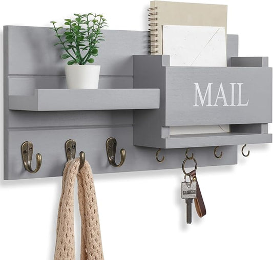Mail Organizer for Wall Mount – Key Holder with Shelf Includes Letter Holder and Hooks for Hallway Farmhouse Decor – Rustic Wood with Flush Mounting Hardware (16.5” x 9.1” x 3.4”) (Gray)