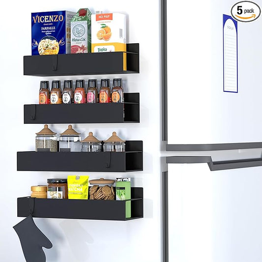 Metal Magnetic Spice Rack for Refrigerator – 5 Pack Strong Magnet Organizer Shelves with Notepad – Black Heavy-Duty Spice Storage for Kitchen, Pantry, Laundry, Apartment, RV