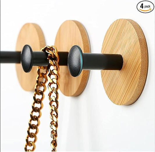 4Pack Decoration Wood Wall Hook Coat Hooks for Hanging Adhesive Waterproof Wall Hook Clothes Bag Key Hanger Hook Bedroom Kitchen Bathroom Door Robe Towel Hooks- Black