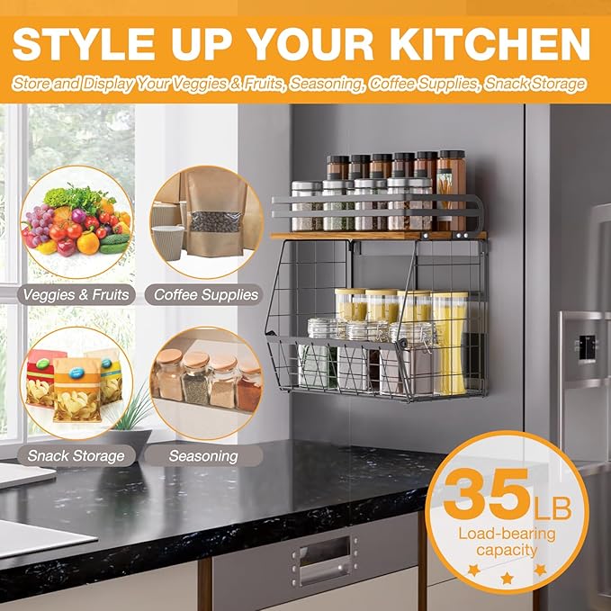 Magnetic Shelf for Fridge with Wood Lid, Magnetic Spice Rack for Refrigerator Large Capacity Wire Basket Kitchen Storage Bin for Fruit, Onion, Potatoes, Storage Organizer for Counter & Cabinet, Black