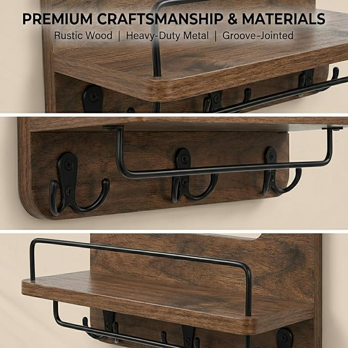 Key Holder for Wall with Shelf - 5.1" Deep Large Mail Organizer Wall Mount with 3 Heavy-Duty Dual Hooks & Safety Guardrail - Rustic Wood Wall Shelf for Entryway, Kitchen, Office